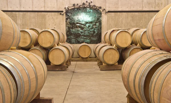 Pile de tonneaux de vin dans une cave — Photo