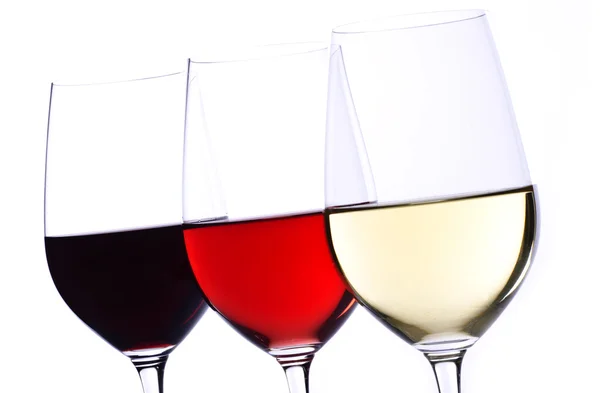 Three Wine Glasses Filled with White, Rosé and White Wine — 图库照片