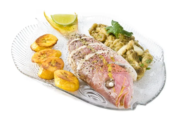 Pesce Snapper coda gialla arrosto con frutta e verdura, isolato su bianco — Foto Stock