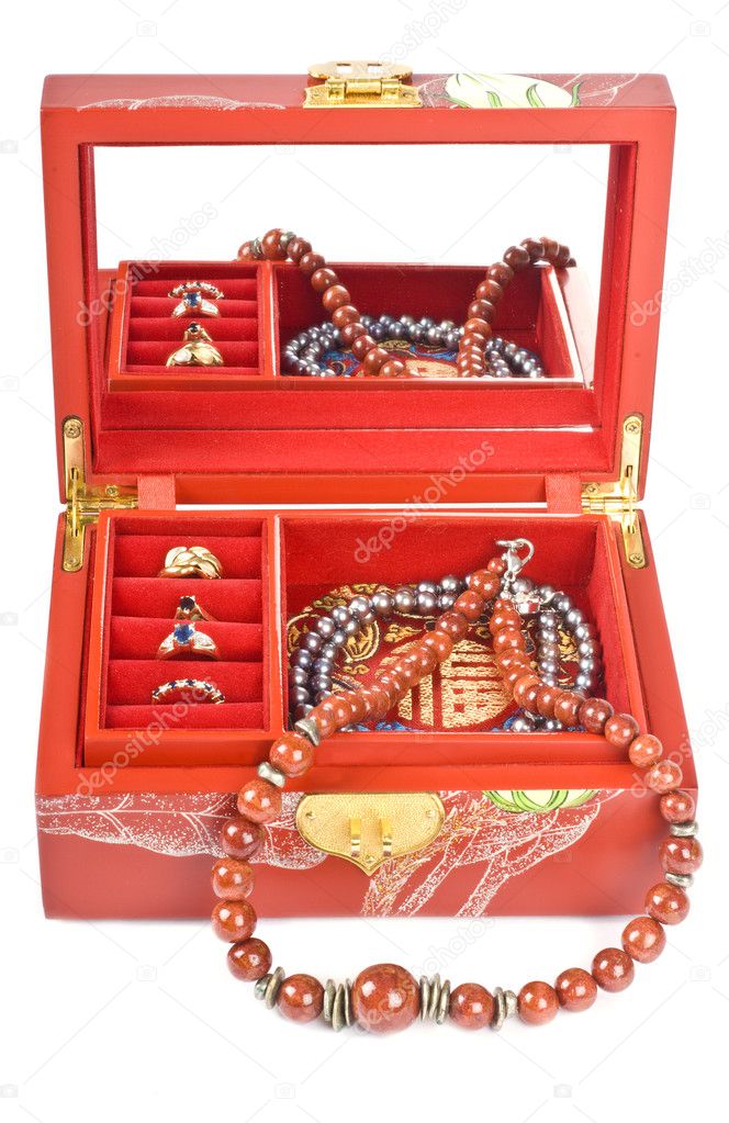 Chinese Jewelry Box Filled with Rings and Necklaces Isolated on White