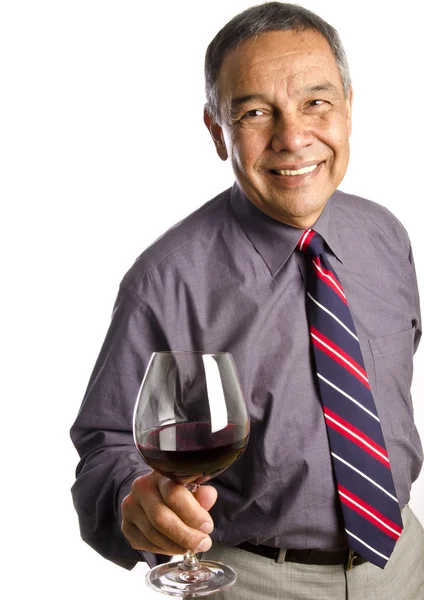 Hispanic Mature Man Holding a Glass of Red Wine — Stock Photo, Image