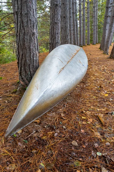 Silver Canoe Propped Forested Area — Stok Foto