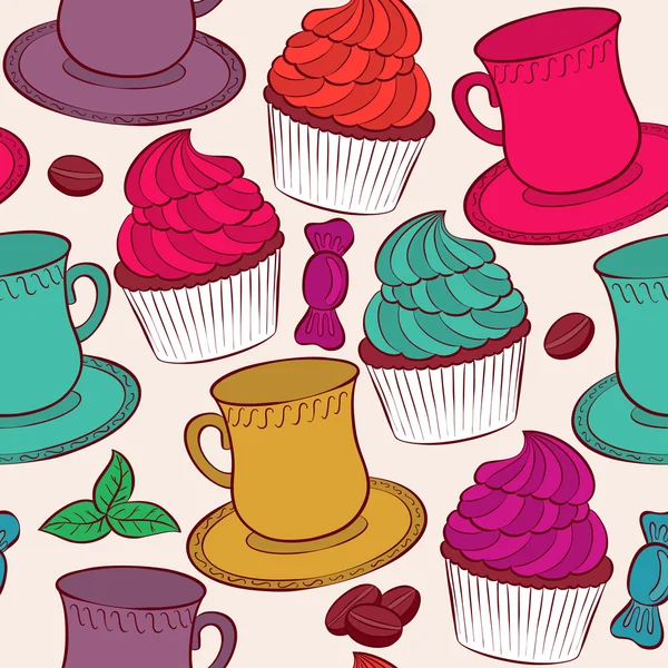 Coffecup y cupcakes patrón sin costuras — Vector de stock