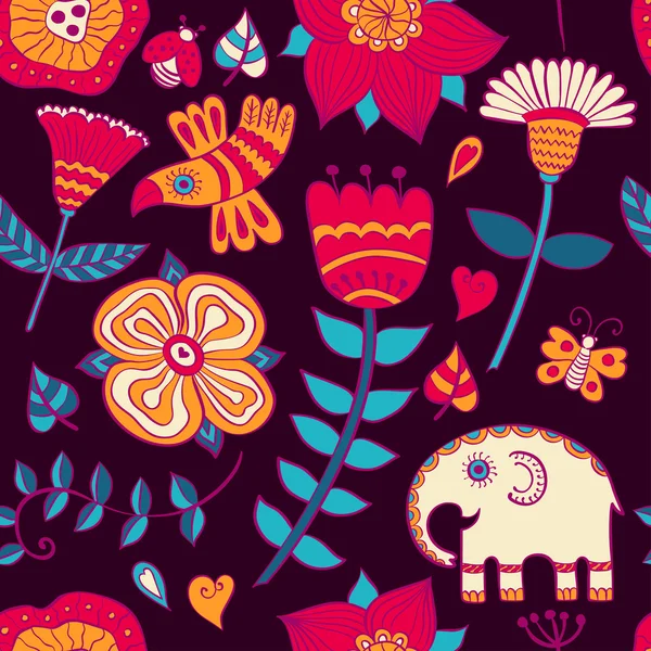 Floral seamless pattern with elephant — Stock Vector