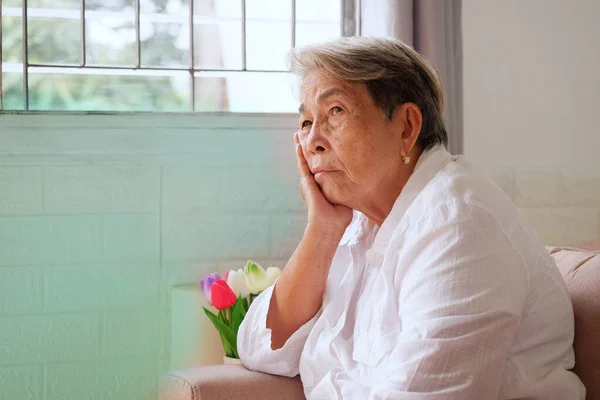 Gri Saçlı Yaşlı Asyalı Kadın Üzgün Bir Ifadeyle Çenesinde Oturuyor — Stok fotoğraf
