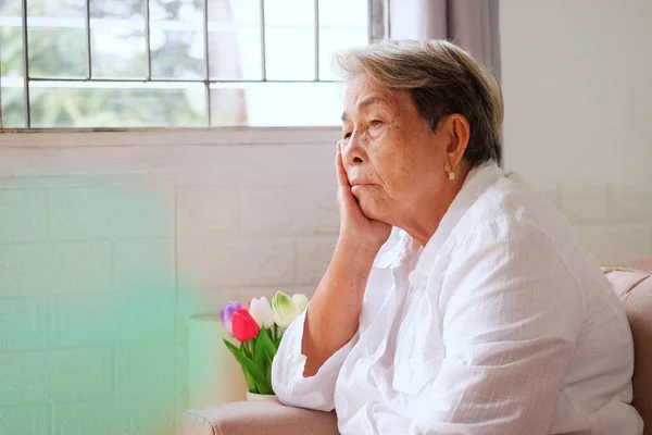Gri Saçlı Yaşlı Asyalı Kadın Üzgün Bir Ifadeyle Çenesinde Oturuyor — Stok fotoğraf
