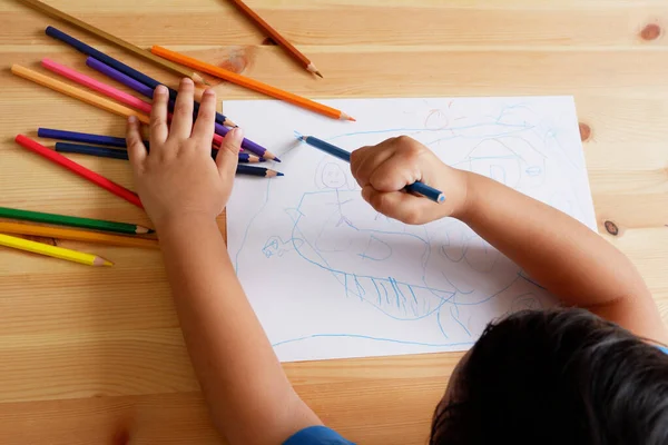 Lindo Chico Asiático Dibujando Familia Feliz Hogar Con Lápices Color —  Fotos de Stock