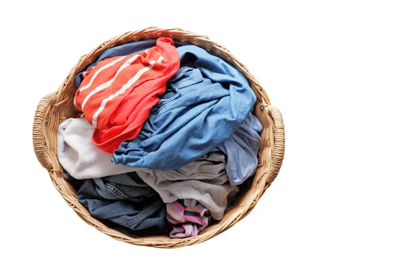 Wooden Wicker Basket Holds Lots Used Clothes Prepares Them Washing — Stock Photo, Image