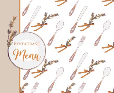 Restoranlar ve düğün davetiyeleri için menü kalıbı. Klasik çatal bıçak, kaşık, çatal, bıçak, tabak, kurdele, masa düzenleme, menü, restoran, biberiye dalı, düzenlenebilir vektör.