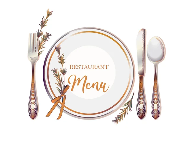 Restoranlar ve düğün davetiyeleri için menü. Klasik çatal bıçak, kaşık, çatal, bıçak, tabak, kurdele, masa düzenleme, menü, restoran, biberiye dalı, düzenlenebilir vektör.