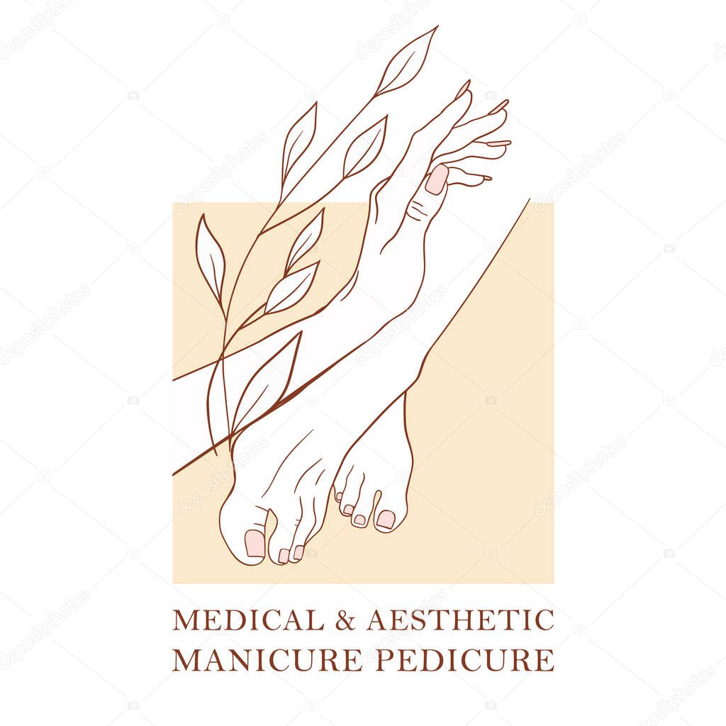 Logo nail master, manicurist, manicure, pedicure, business card, simple stylish icons for spa beauty salons, foot care