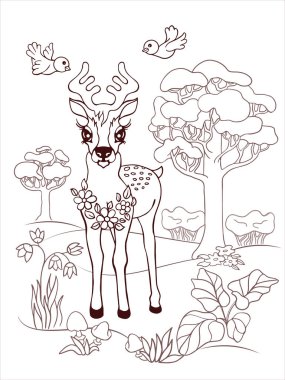 Çocuklar için boyama sayfası. Çayırda oynayan küçük bir geyik tasviri. Çocuklar için okul kitabı için basılabilir kağıtlar. İnternet eğitimi. Düz çizgi film