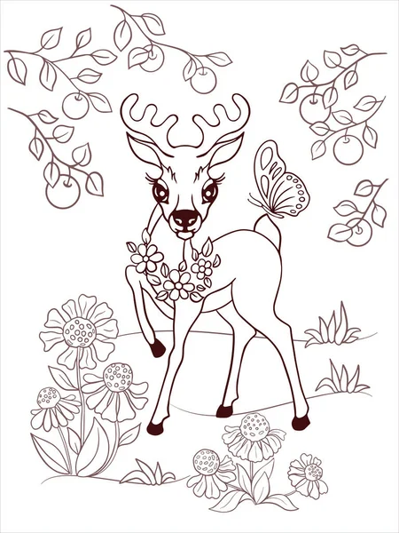 Coloring Book Page Children Illustration Little Deer Playing Meadow Printable — Wektor stockowy