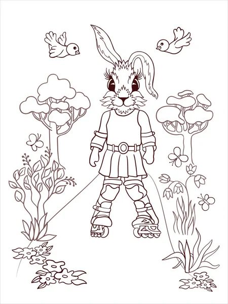 Libro Para Colorear Conejo Patines Parque — Archivo Imágenes Vectoriales