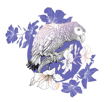Parrot sitting on a branch of a blossoming liana