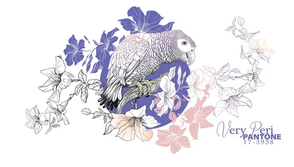 Parrot sitting on a branch of a blossoming liana