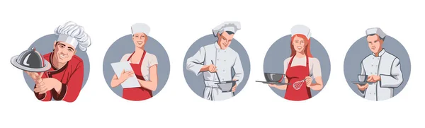Logo Chef Con Piatto Mano Circondato Operai Cucina Pubblicità Della — Vettoriale Stock
