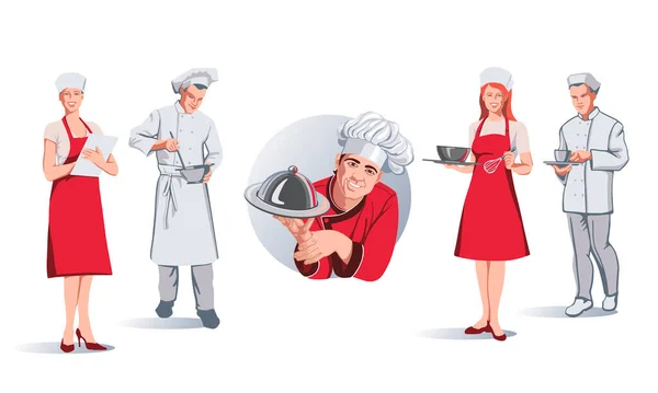 Logo Chef Con Plato Mano Rodeado Trabajadores Cocina Publicidad Profesión — Archivo Imágenes Vectoriales