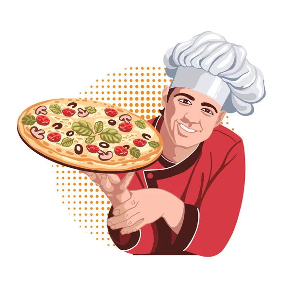 Séf Pizzával Kezében Egy Fiatal Szakács Piros Ruhában Séf Sapkával — Stock Vector