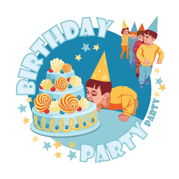 Çocukların doğum günü, şapkalı bir çocuk pastayı ısırır, bir grup çocuk dans eder. Çocuk partilerinin organizatörleri için poster, doğum günü partisi davetiyeleri.