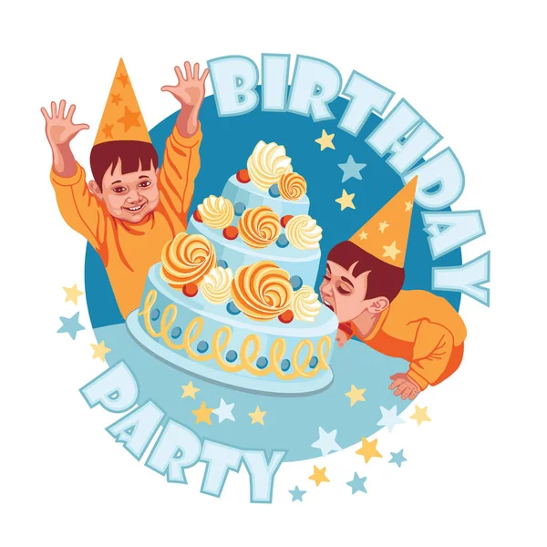 Çocukların doğum günü, şapkalı bir çocuk pastayı ısırır, çocuk ellerini kaldırmaktan zevk alır. Çocuk partilerinin organizatörleri için poster, doğum günü partisi davetiyeleri.