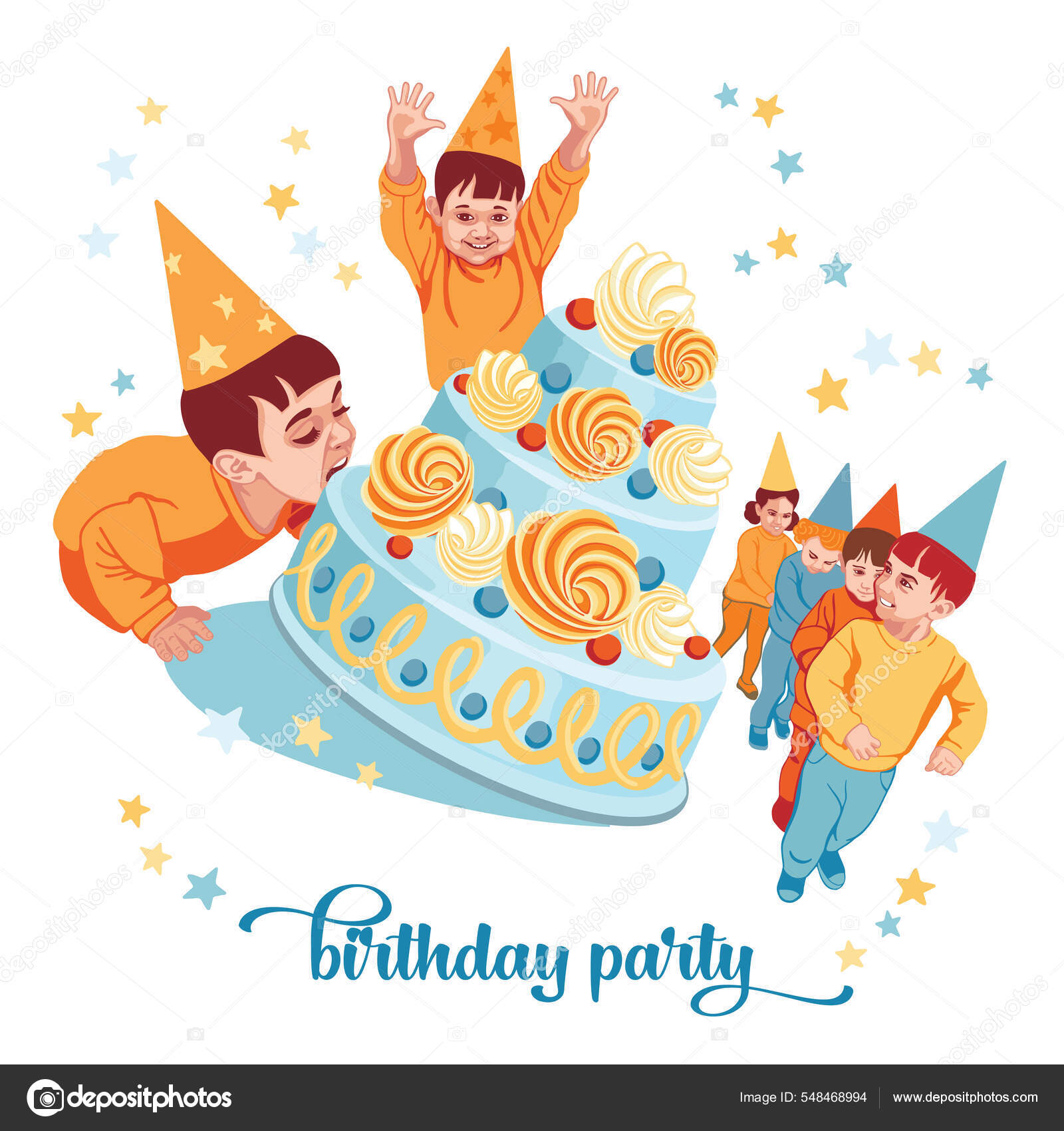 孩子们的生日一个戴帽子的男孩咬着蛋糕男孩举手表决孩子们跳舞高兴极了儿童派对主办单位海报生日派对邀请函图库矢量图©Alina_pal 548468994, image size:1600x1700