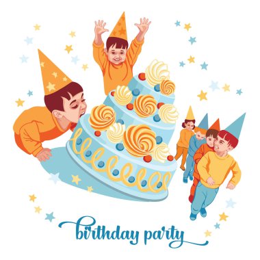 Çocukların doğum günü, şapkalı bir çocuk pastayı ısırır, çocuk elleri havada sevinir, çocuklar dans eder, sevinir. Çocuk partilerinin organizatörleri için poster, doğum günü partisi davetiyeleri.