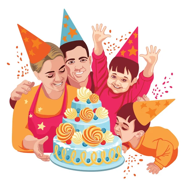 Lycklig Familj Firar Födelsedag Runt Stor Tårta — Stock vektor