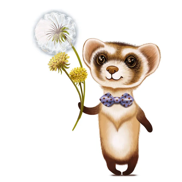 Cartoon Character Funny Ferret Bouquet Dandelions Happy Birthday Greeting Card —  Fotos de Stock