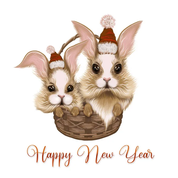 Los Conejos Navidad Sientan Una Canasta Tarjeta Felicitación Pancarta Para — Foto de Stock