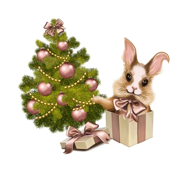 クリスマスのおばあちゃん 漫画のキャラクターは ボールで飾られたクリスマスツリーの背景にあるギフトボックスから飛び出します ポストカード バナーハッピー新年2023 新年の贈り物のための白い背景のイラスト — ストック写真