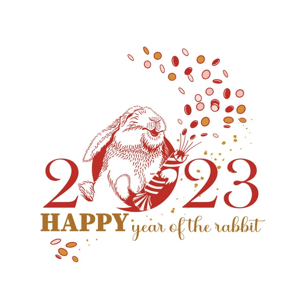 Tarjeta Felicitación Para Año Nuevo Del Conejo 2023 Conejo Con — Vector de stock