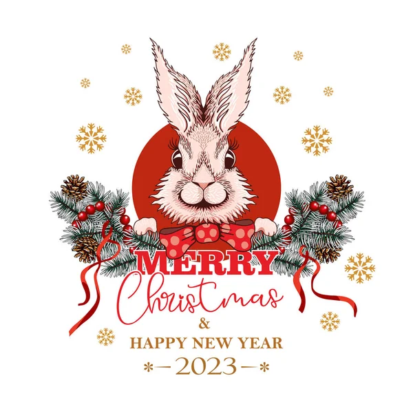 Noel Tavşanı 2023, Noel ağacı dalları ve kırmızı bir çelenk. Mutlu yıllar Bunny. Neşeli tavşan etiketi. Hatıralar, tebrikler, bayrak.