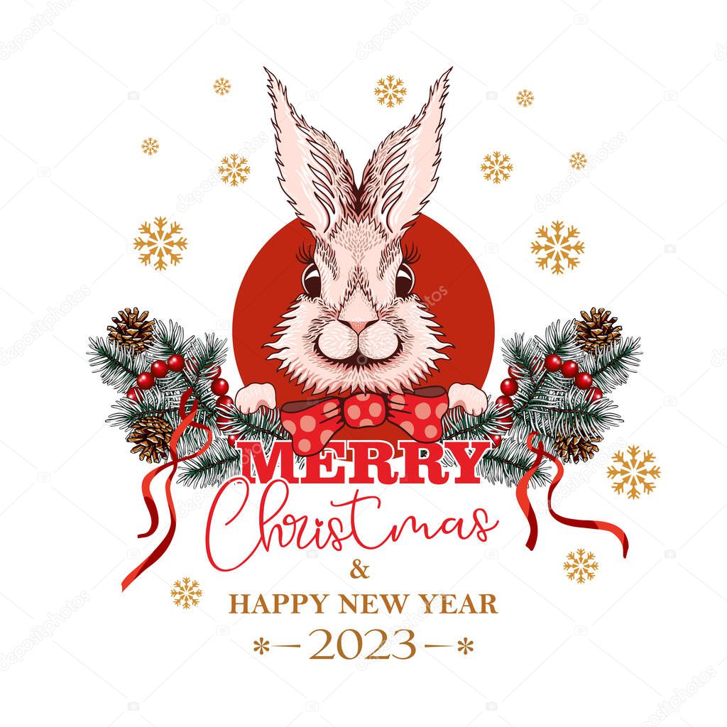 Christmas bunny 2023 on the background of Christmas tree branches with cones and a red garland. Happy New Year Bunny. Joyful hare label. Souvenirs, congratulations, banner.