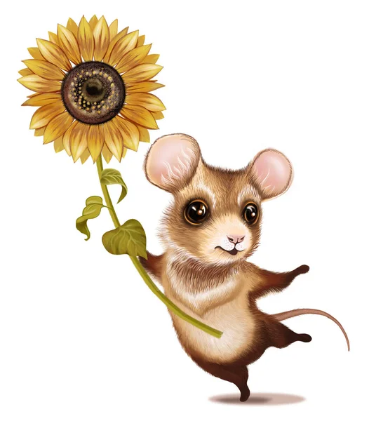 Ratoncito Baila Con Girasol Ilustración Para Vacaciones Infantiles Cumpleaños San —  Fotos de Stock