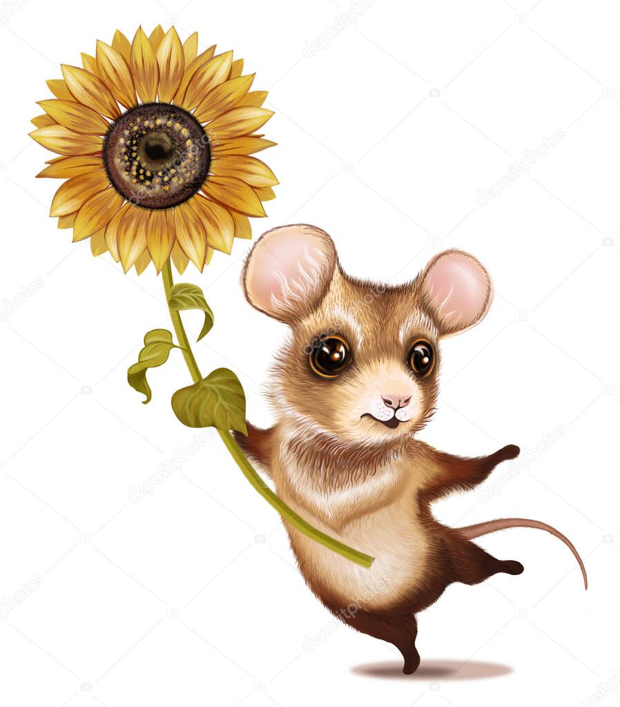 The little mouse dances with the sunflower. Illustration for children's holidays, birthdays, valentines, printing on textiles and souvenirs.