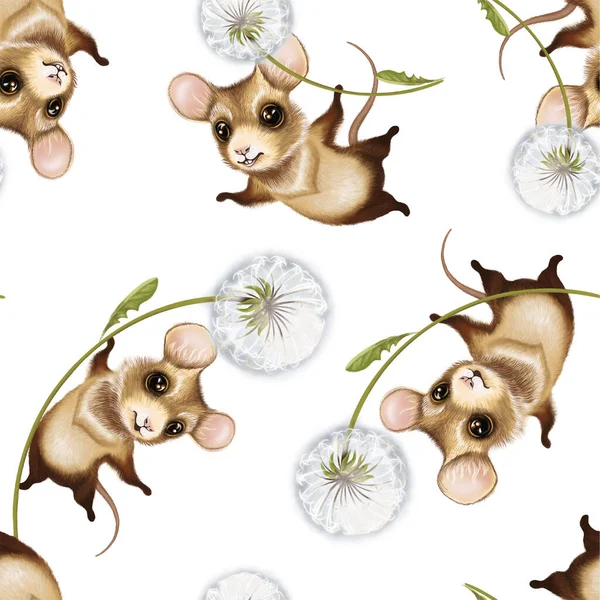 Seamless repeat pattern cute mice with dandelion on a white background. Suitable for wallpaper, print on children\'s clothing, paper for gifts.