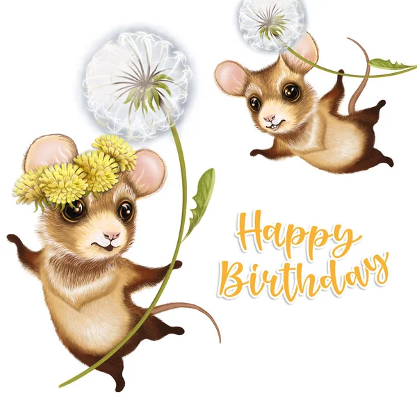 Cute mice with dandelion on a white background. Suitable for wallpaper, print on children\'s clothing, paper for gifts.