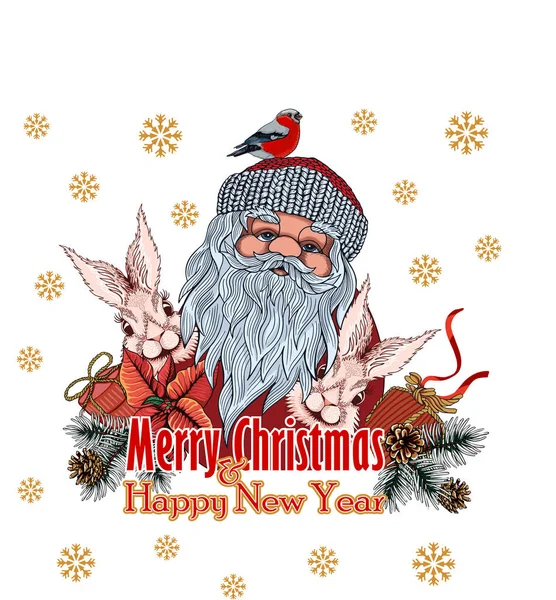 Noel Baba ve hediyeli tavşanlar. Noel ağacı dalları koni ve ispinozlarla