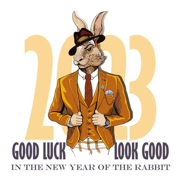 Portrait Rabbit Fashionable Clothes Wish New Year Good Luck New — Vector de stock