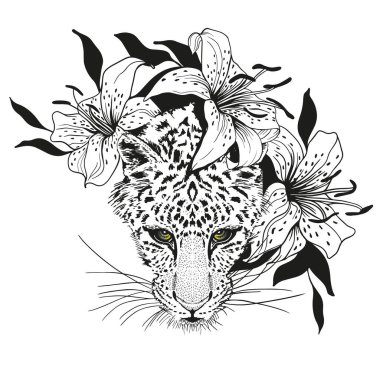 Panther heads in lily flowers. Pencil drawing in a minimalist style, suitable for tattoos, interior decoration, paintings, logo, printing on textiles and t-shirts. Predator.
