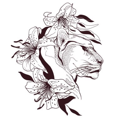 Puma head in lily flowers. Pencil drawing in a minimalist style, suitable for tattoos, interior decoration, paintings, logo, printing on textiles and t-shirts. Predator.