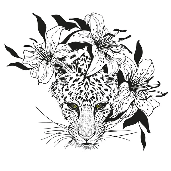 Panther Heads Lily Flowers Pencil Drawing Minimalist Style Suitable Tattoos — Vector de stock