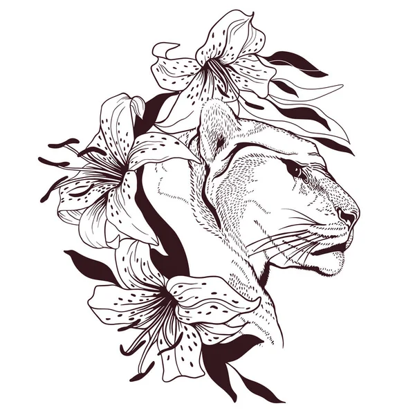 Puma Head Lily Flowers Pencil Drawing Minimalist Style Suitable Tattoos — Wektor stockowy
