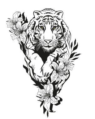 Tiger in a jump surrounded by flowers.