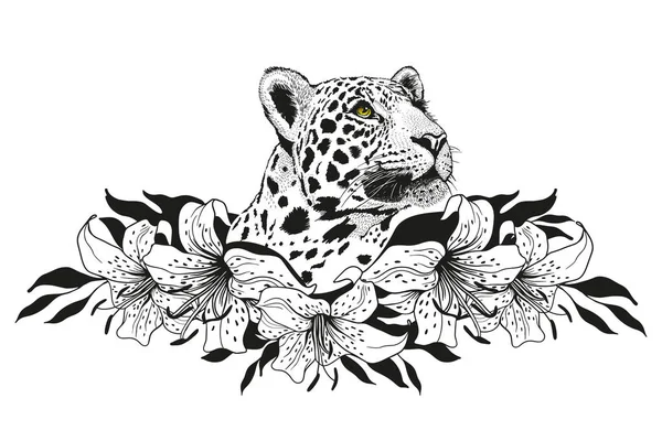 Leopard Panthera Head Surrounded Flowers — Vector de stock