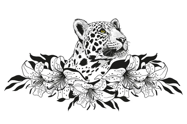 Leopard, Panthera head surrounded by flowers.