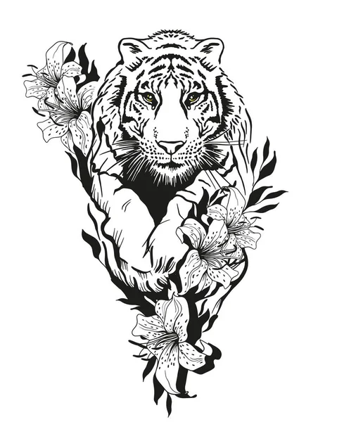Tiger Jump Surrounded Flowers — 图库矢量图片