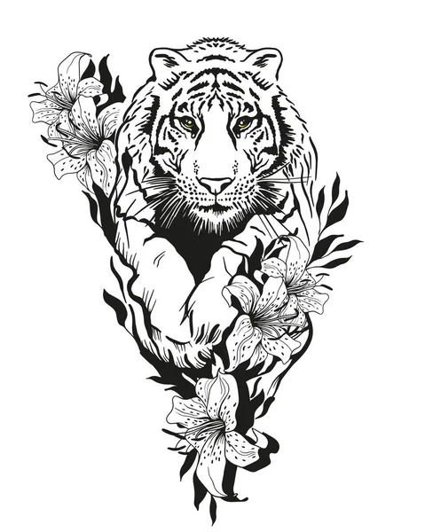 Tiger in a jump surrounded by flowers.