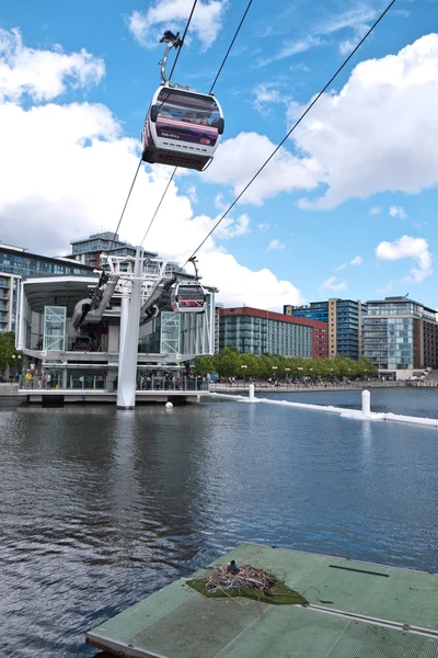 Londons Seilbahn, Emirates Air Line, führt über ein Blässhuhn-Nest — Stockfoto